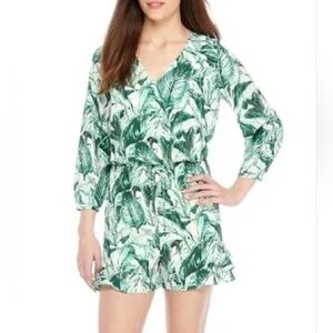 Kaari Blue Green Tropical Leaf Print Romper size Small